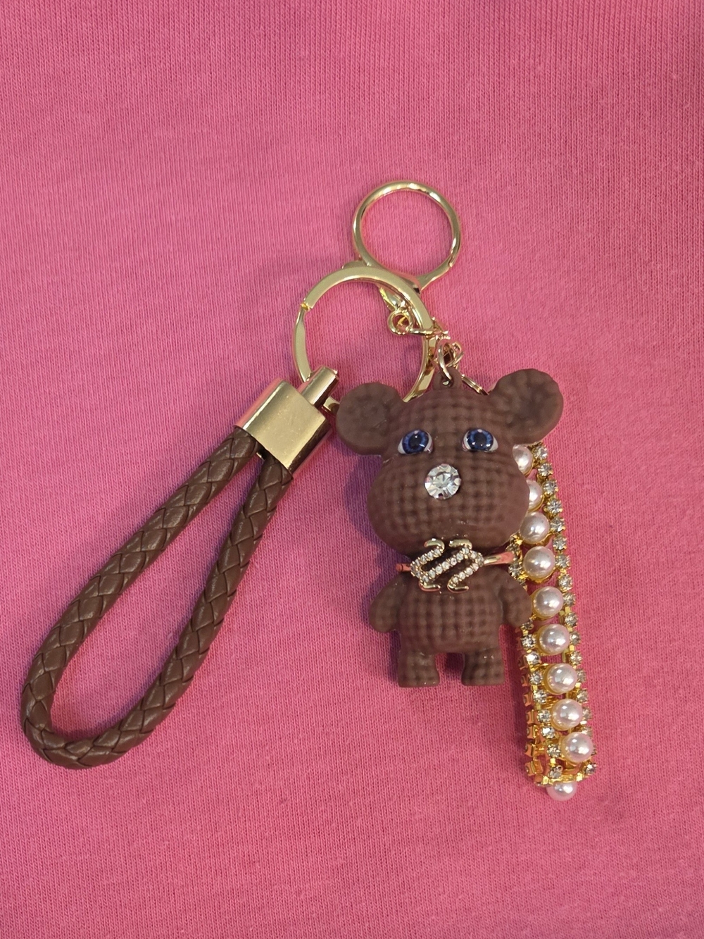Cute One-of-a- Kind Brown Bear Keychain Wristlet with Pearl & Rhinestone Accent